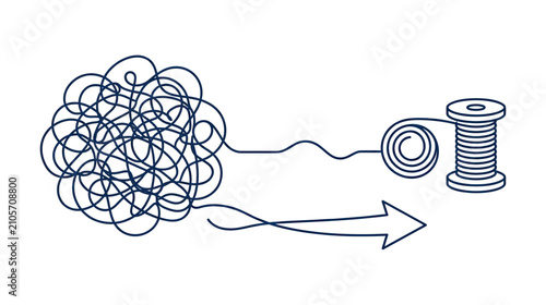 Fotografie Tangled thread unraveling onto a spool with arrow