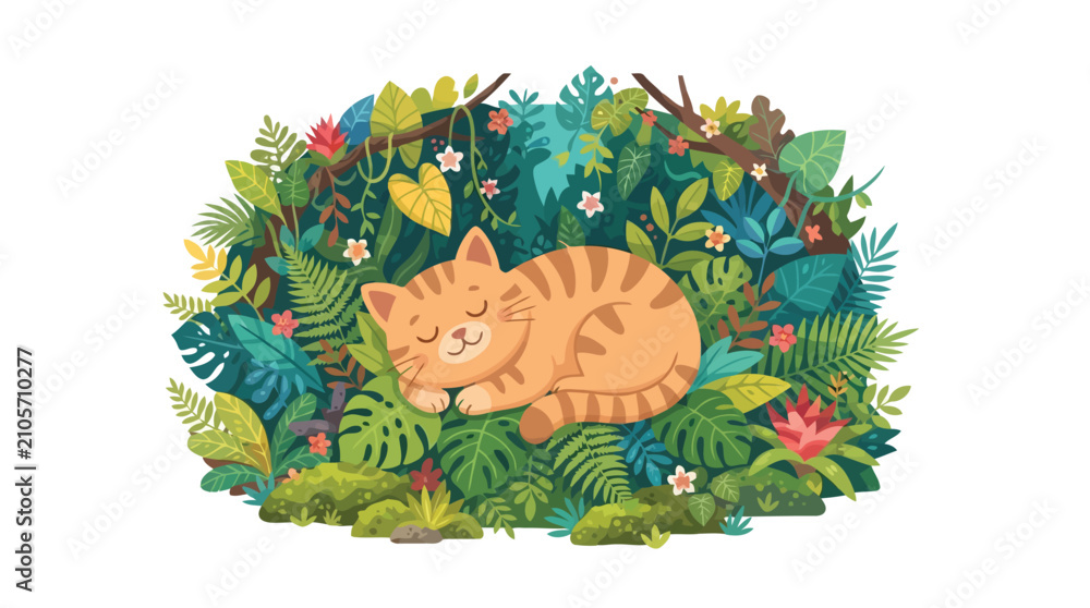 Obraz premium Cozy orange tabby cat sleeping peacefully in a lush tropical jungle illustration