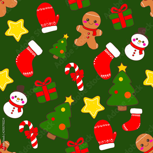 Cute Christmas Seamless Pattern with Holiday Icons on Green Background