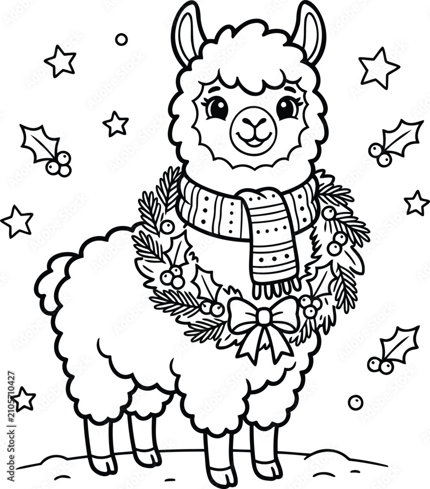 Obraz premium Smiling cartoon alpaca wearing a plaid scarf and christmas-themed starry background, smiling alpaca holiday theme