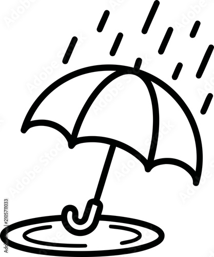 Принти на полотні Hand-drawn umbrella protecting from rain drops in puddle, simple line art icon