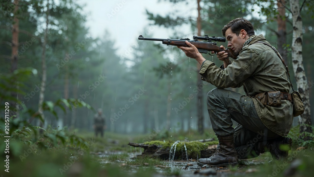 Fototapeta premium Man in military uniform aiming rifle while kneeling in forest during daytime