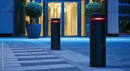 Cylindrical bollards with illuminated tops line a modern building entrance at dusk