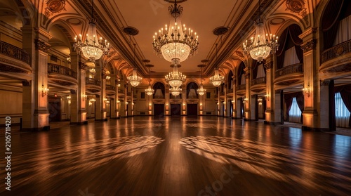 Elegant ballroom with crystal chandeliers and wooden floor at night