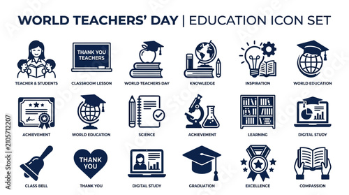 World Teachers' Day education icon set celebrates academic achievement with students and teachers in a classroom learning environment.