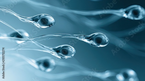 Microscopic, translucent tadpole-like forms with tails propel through fluid