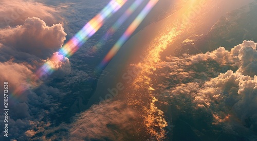 Sunbeams pierce through dramatic clouds, casting golden light over earth below