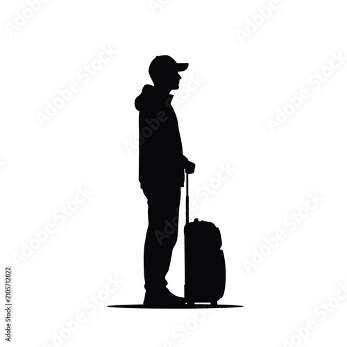 Obraz na płótnie Man With Rolling Suitcase Silhouette Against White Background