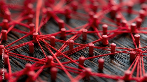 A network of red threads connecting numerous small upright pins