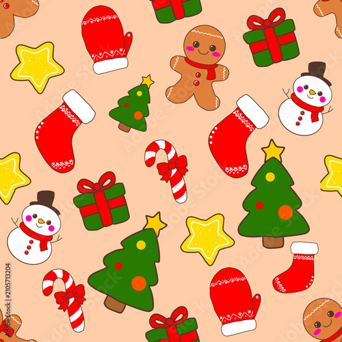 Cute Christmas Seamless Pattern with Holiday Icons and Winter Elements