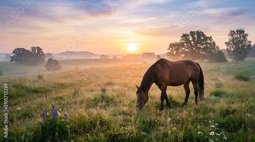 Majestic brown horse grazing in golden sunset meadow. Serene pasture scene with misty horizon and warm light.