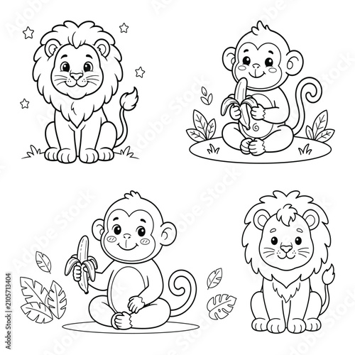 Adorable animal coloring pages for kids, cute kawaii line art for creative fun