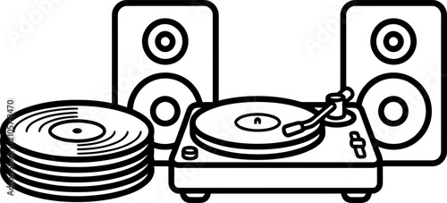 Cuadro en lienzo Vintage Turntable, Vinyl Records, and Speakers - Retro Audio System