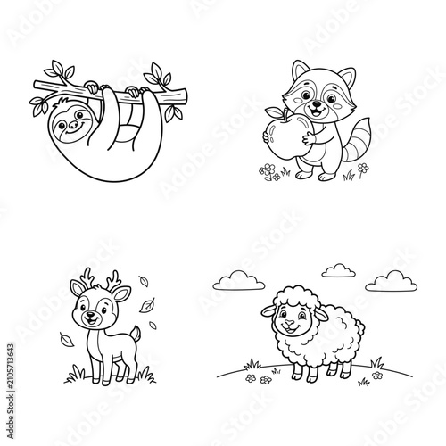Adorable animal coloring pages for kids, cute kawaii line art for creative fun