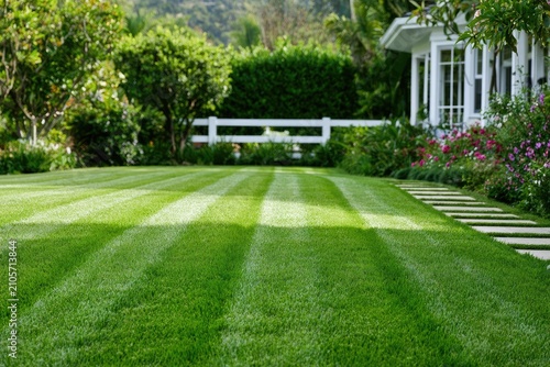 Lush green lawn with crisp stripes, bordered by manicured bushes and flowering plants