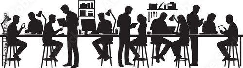 Black silhouette people pointing at giant smartphone screen, group of users interacting with mobile technology, digital communication vector illustration