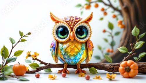 Whimsical Owl on Autumn Branch: A charming, colorful owl with large, sparkling eyes perches on a tree branch adorned with autumn fruits and leaves, exuding a playful and whimsical aura.