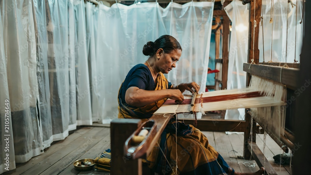 Naklejka premium Woman Weaving Traditional Textile on Loom in Natural Light