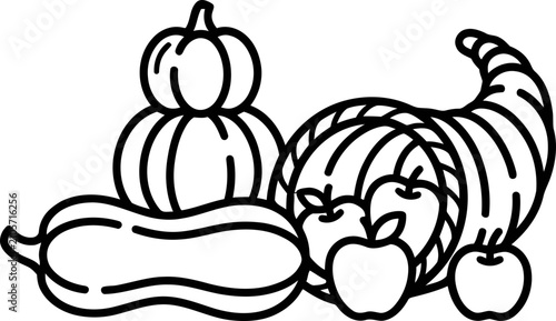 Quadro su tela Cornucopia of Autumn Harvest: Pumpkin, Squash, Apples, and Grapes - Outline Art