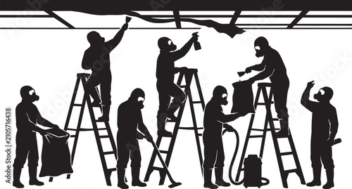 Professional mold remediation team silhouette, hazardous waste cleanup crew in hazmat suits, industrial decontamination and sanitation service vector