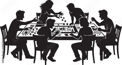 Board game silhouette of friends playing tabletop games, group of people sitting at table with dice and cards, black and white hobby vector