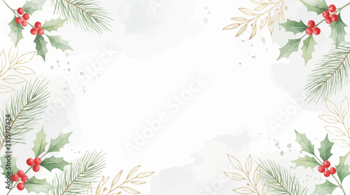 Christmas Watercolor Holly Frame with Pine Branches Illustration