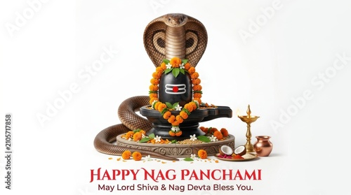 Lord Shiva Lingam for Nag Panchami festival. Hindu religious worship with cobra and flowers.