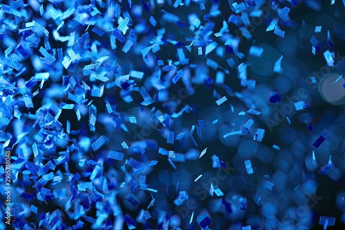 Vibrant blue confetti falling against a bokeh background