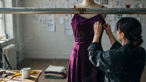 Tailor Sewing and Fitting Woman Adjusting Dress on Dress Form in Workshop