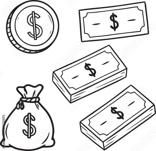 Money Doodle Illustration Set with Cash Coins Wallet and Finance Hand Drawn Vector Icons
