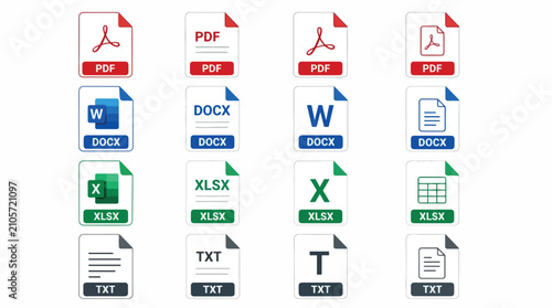 Collection of popular document file format icons including PDF, DOCX, XLSX, and TXT.