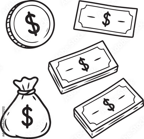 Money Doodle Hand Drawn and Outline Icon Collection for Finance Banking and Payment Vector Design
