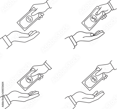Hand Giving and Receiving Money with Coins Outline Icon Set for Donation Payment and Financial Exchange Vector Illustration
