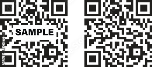 QR code scan icons set for mobile digital payment, quick response barcode frame signs with sample text, smartphone scanning technology vector illustration, contactless data transfer collection