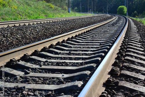 Railway Tracks Curving Through Forest Landscape low angle view close up