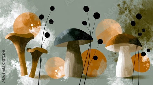 Abstract minimal illustration of multiple stylized mushrooms with orange caps and gray stems against textured green background