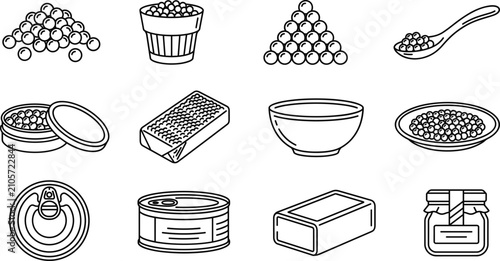 Gourmet caviar luxury seafood and canned fish products linear outline icon set for restaurant vector