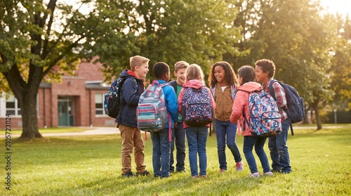 Happy diverse school children talking and laughing together outside school building