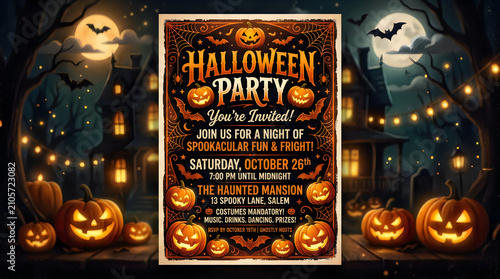 Halloween party invitation with jack-o-lanterns and spooky decor.