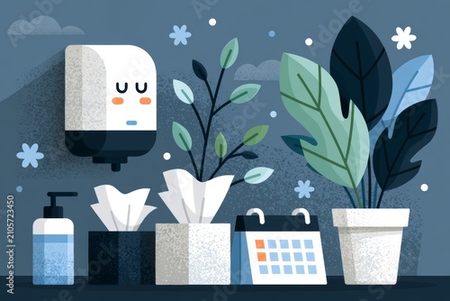 Modern minimalist office setup for productivity and wellness, featuring potted plants, calendar, tissue boxes, hand sanitizer bottle, wall-mounted device against blue backdrop