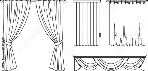 Obraz na plátne Window curtains blinds and fabric drapery line icon set with valance and shower