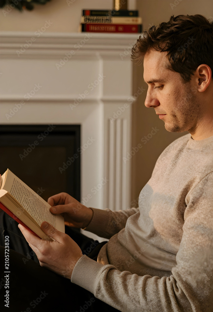 Obraz premium Young man reading book by fireplace in warm light