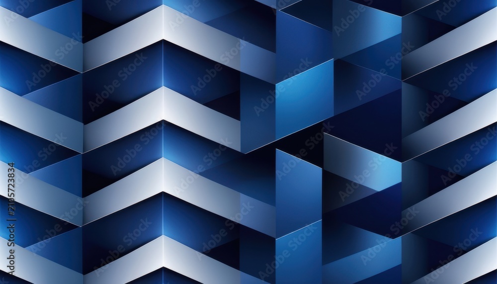 Obraz premium Abstract geometric pattern in deep blues and silvers. Sharp angles form a dynamic, repeating chevron design. Shading creates a sense of depth and movement
