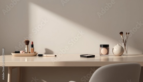 Elegant and simple makeup station featuring beauty items and brushes illuminated by gentle natural light