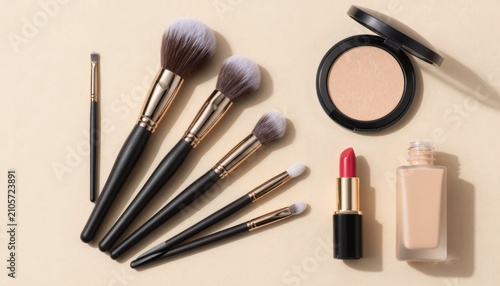 Elegant makeup brushes and beauty products arranged on a soft beige background for makeup lovers and beauty aficionados