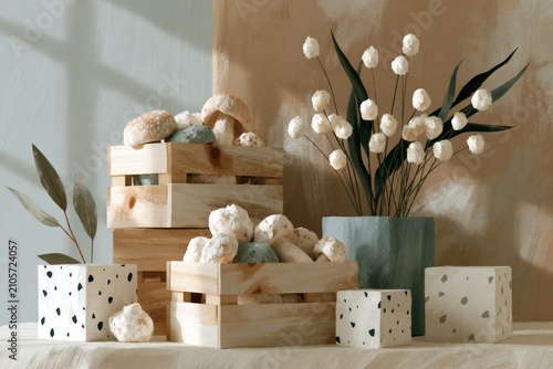 Minimal still life featuring stacked wooden crates of mushrooms, speckled blocks, teal vase holding white pompom blossoms, leafy sprig against twotone wall