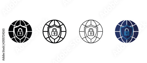globe icons featuring locked shields symbolizing online security and data protection concepts