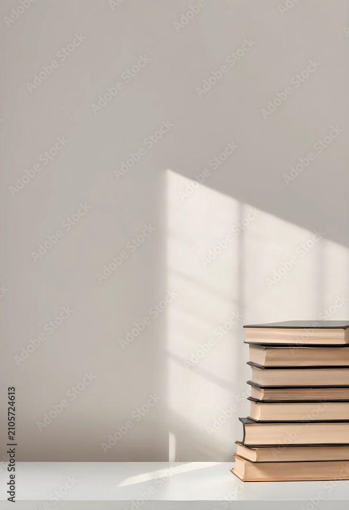 Obraz premium Stack of books on white table with natural light