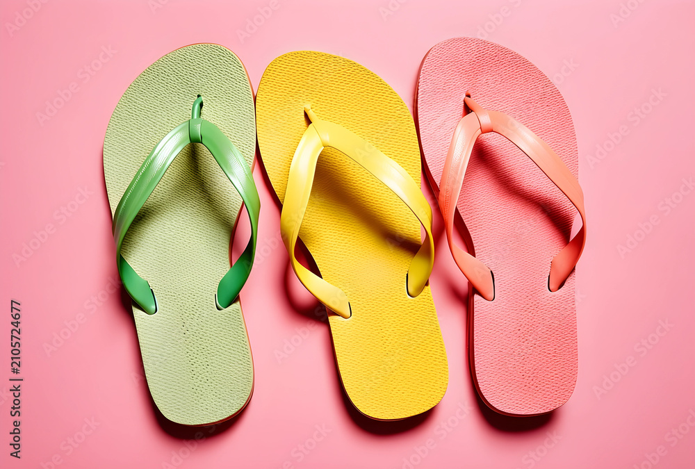 Obraz premium Three colorful flip flops in green, yellow, and pink arranged neatly on a bright pink background, summer footwear