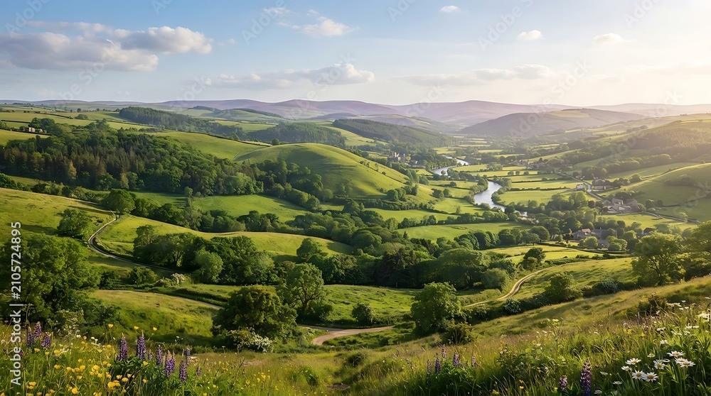 Obraz premium Lush green countryside valley with rolling hills. Scenic pastoral landscape under bright daylight skies.